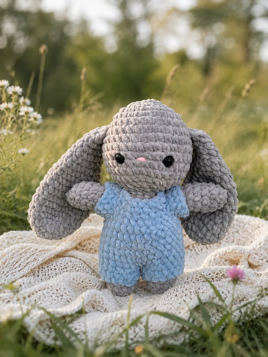 Gehäkeltes Hasen-Plushie in blauer Latzhose, im Gras
