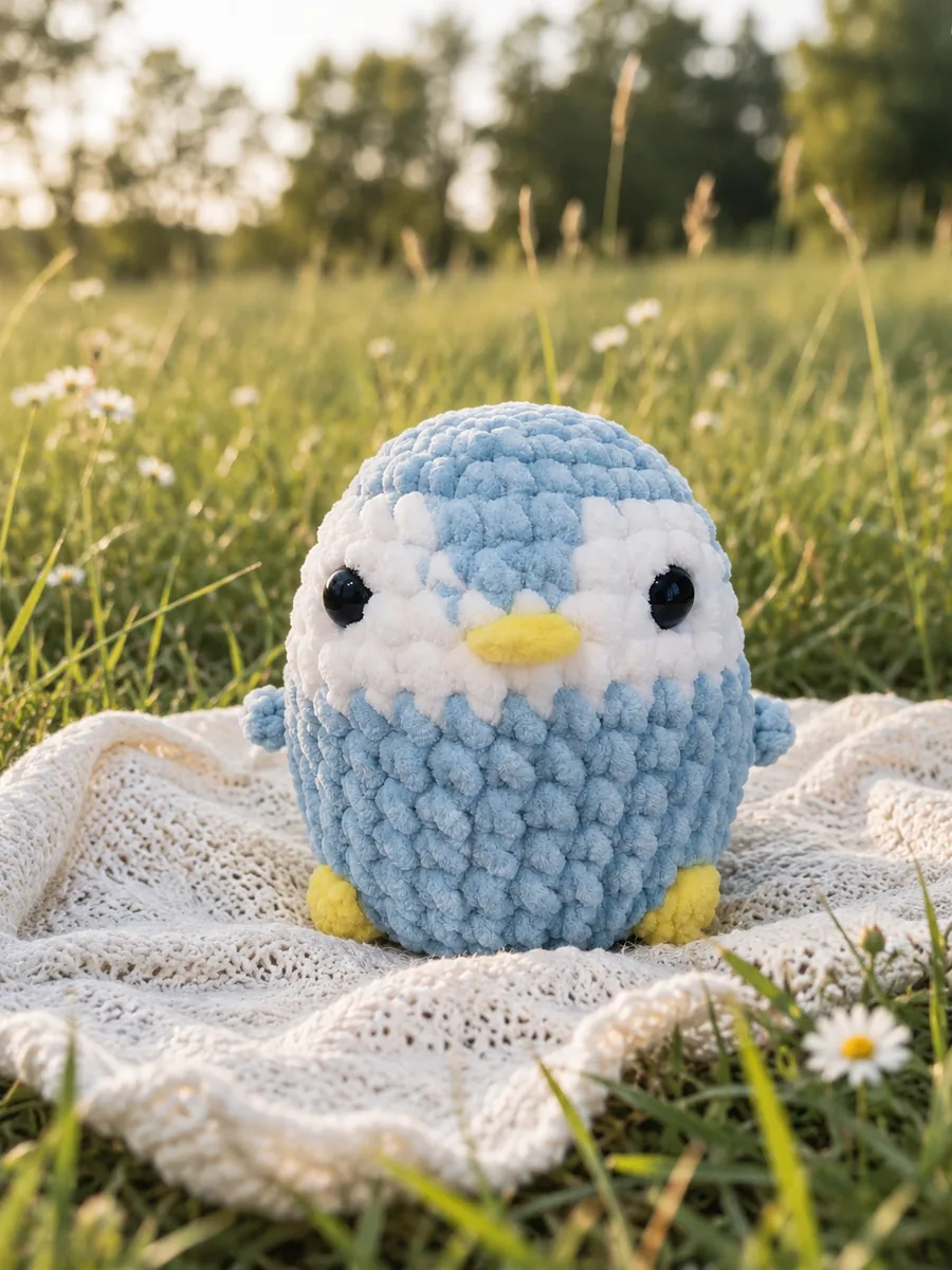 Gehäkeltes Pinguin-Plushie in Hellblau und Weiß