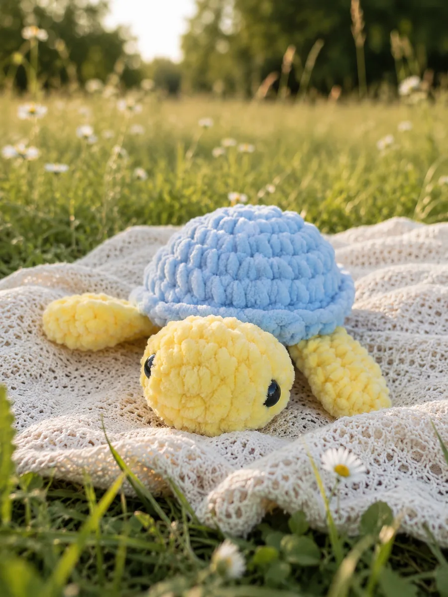 Gehäkeltes Schildkröten-Plushie in Hellblau und Gelb